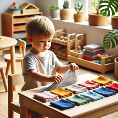 a little boy that is standing in front of a table with some clothes on it