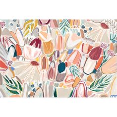 an abstract painting with lots of different colors and shapes on it, including leaves and flowers