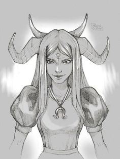 a drawing of a woman with horns on her head