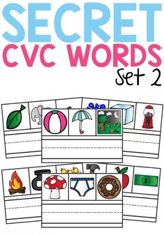 a set of printable cards with the words secret cvc words and pictures on them