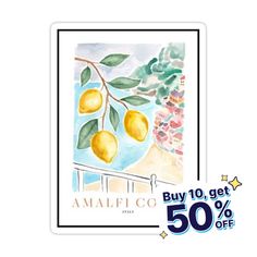 a watercolor painting of lemons on a tree branch with the words, buy 10 get 50 % off