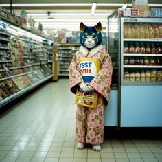 a cat in a kimono is holding a food bag while standing in a grocery store aisle