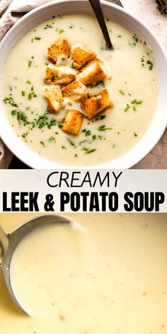 two bowls of creamy soup with croutons and cheese