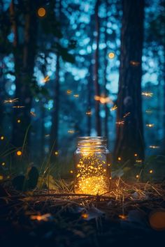 a mason jar filled with fireflies in the woods