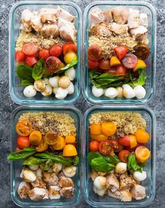 four plastic containers filled with different types of food and veggies on top of each other