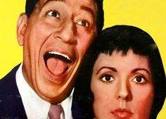 a man and woman with their mouths wide open in front of a yellow background,