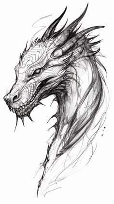 a black and white drawing of a dragon's head with long, sharp teeth