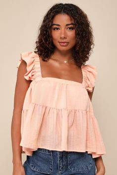 The Lulus Amazingly Sweet Peach Ruffled Peplum Tank Top is ready for sunny day strolls and endless compliments! Lightweight, crinkle-woven fabric (with a subtle grid-like pattern throughout) shapes this summery and cute top that features a square neckline and wide, elasticized straps with femme ruffle trim. The relaxed, swingy bodice finishes at a breezy, peplum-inspired hem, perfect for creating a variety of flirty looks all summer long! Fit: This garment fits true to size. Length: Size medium Katie Sturino, School Dance Dresses, Peplum Tank Top, Modest Tops, Cute Summer Tops, Casual Preppy Outfits, Cute Preppy Outfits, Sweet Peach, Summer Tank Tops