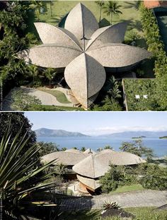 two pictures of the same building and one has a large flower shaped object in it