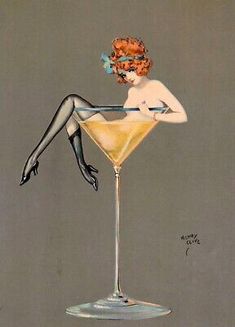 a painting of a woman sitting on the edge of a glass with a martini in it