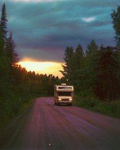 a truck driving down a dirt road next to some tall pine trees in the distance