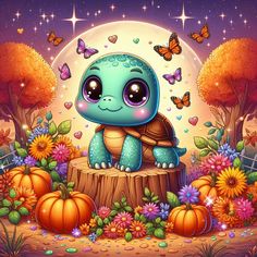 a cartoon turtle sitting on top of a tree stump surrounded by flowers and pumpkins