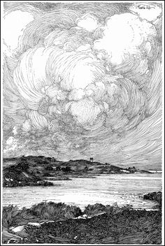 an ink drawing of clouds over the ocean