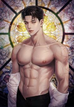 a man with no shirt standing in front of a stained glass window and looking at the camera