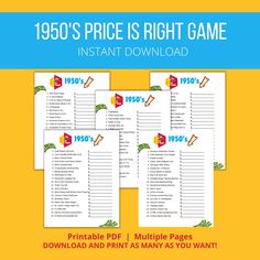 the 1950's price is right game instant printable for multiple pages, $ 50 each