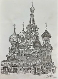 a drawing of a church with domes on it