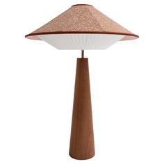 a brown and white lamp with a wooden base