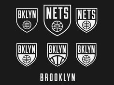 the brooklyn nets logo is shown in four different colors, including white and black on a dark background