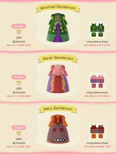 an info sheet showing the different types of clothing for each character in animal crossing world