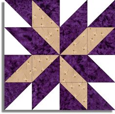 a purple and white quilt block with gold stars