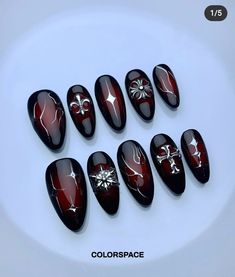 Alt Nails, Black And Red Nails, Quartz Nails, Silver Nail Art, Fake Nails Designs, Art Deco Nails, Hello Nails