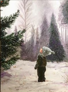 a painting of a man walking in the snow with an umbrella over his head and trees behind him