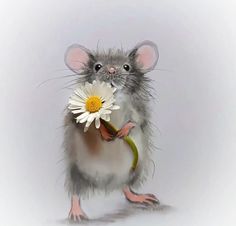 a mouse holding a flower in its mouth and looking at the camera while standing on it's hind legs