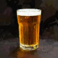 an oil painting of a glass of beer on a table top with black background and white cap