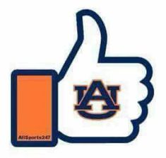 an orange and blue thumbs up with the word auburn on it's left side