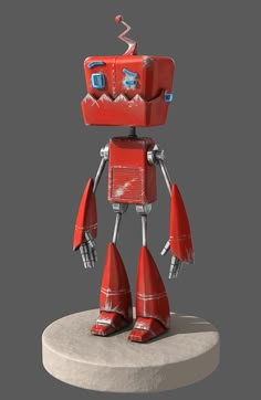 a red robot standing on top of a white pedestal