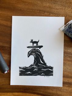 a black and white drawing of a dog standing on top of a wave