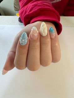 seashell nails, water acrylic nails, hibiscus flower nails, 3d gel, blue unique acrylic nails almond short, summer nails 2024, cute nail inspo, cute summer nails, dope nail designs Beach Almond Nails Designs, Hawaii Nails Almond Shape, Beach 3d Nails, Costal Grandaughter Nails, Costal Nails Almond, August Nail Inspo 2024, Tahiti Nails, Nail Ideas Summer Blue, Water Acrylic Nails