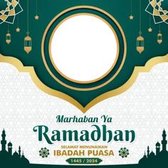 an islamic festival poster with mosques and lanterns on the green, white and gold background