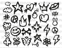 various graffiti designs and symbols on a white background