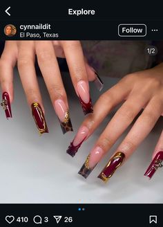 Burgundy And Gold Nails, Acrylic Nails Stiletto, Fall Ombre, Tooth Gems, Nail Board, Summer Acrylic, Nails Stiletto, Nail Time, Diy Acrylic Nails