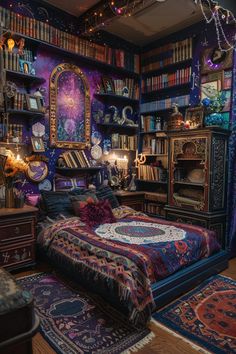 a bed room with a neatly made bed next to a book shelf filled with books