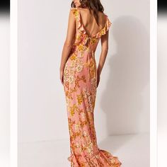 Nwot Never Worn No Care Label Fitted Pink Maxi Dress For Brunch, Feminine Fitted Peach Maxi Dress, Fitted Peach Maxi Dress For Garden Party, Maxi Slip Dress, Care Label, Free People Dresses, Free People Dress, Orange Pink, Pink Orange