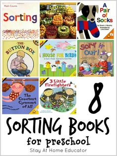 some books that are in front of each other with the title saying sorting books for preschool