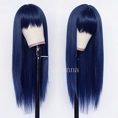 Full Neat Bangs Dark Blue Synthetic None Lace Wigs Heat Safe Cosplay Party Wig Mid Night Blue Wig, No Lace Wigs, My First Wig, Full Bangs, Bangs Straight, Blue Wig, Dyed Hair Inspiration, Straight Lace Front Wigs, Blonde Ombre