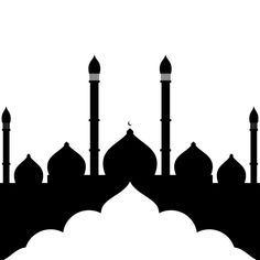 the silhouette of an islamic mosque with minas and domes in black on a white background