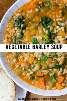 two bowls of vegetable barley soup with bread on the side