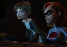 two animated women in black and white outfits, one with red hair and the other with blue eyes