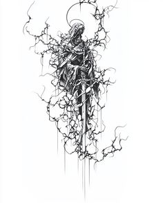 a black and white drawing of a person holding a cross with vines on it's sides