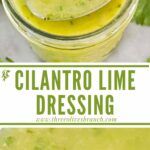 a jar filled with cilantro lime dressing on top of a white table cloth