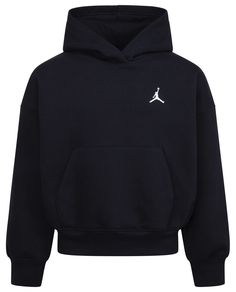 Fit and Design: Cozy cotton/poly fleece fabric Hooded Long sleeves with dropped shoulders for roomy feel Kangaroo pocket Jumpman logo at left chest Ribbed cuffs and hem Additional Details: Machine wash Girl Jordans, Hoodie Jordan, Jordan Sweatshirt, Jordan Jackets, Jordans Girls, Kids Activewear, Black Jordans, Jordan Outfits, Athletic Apparel