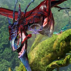 an image of a dragon with its mouth open in the air over mossy land