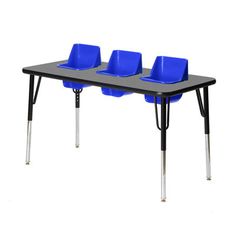 three red chairs sitting on top of a blue table next to each other with metal legs