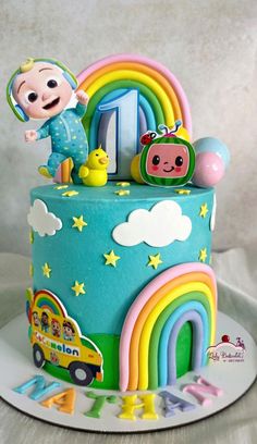 a birthday cake decorated with an image of a child's first birthday