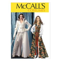 two women's costumes with long sleeves and wide pants, one in white and the other in brown