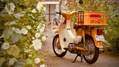 a scooter parked in front of some flowers